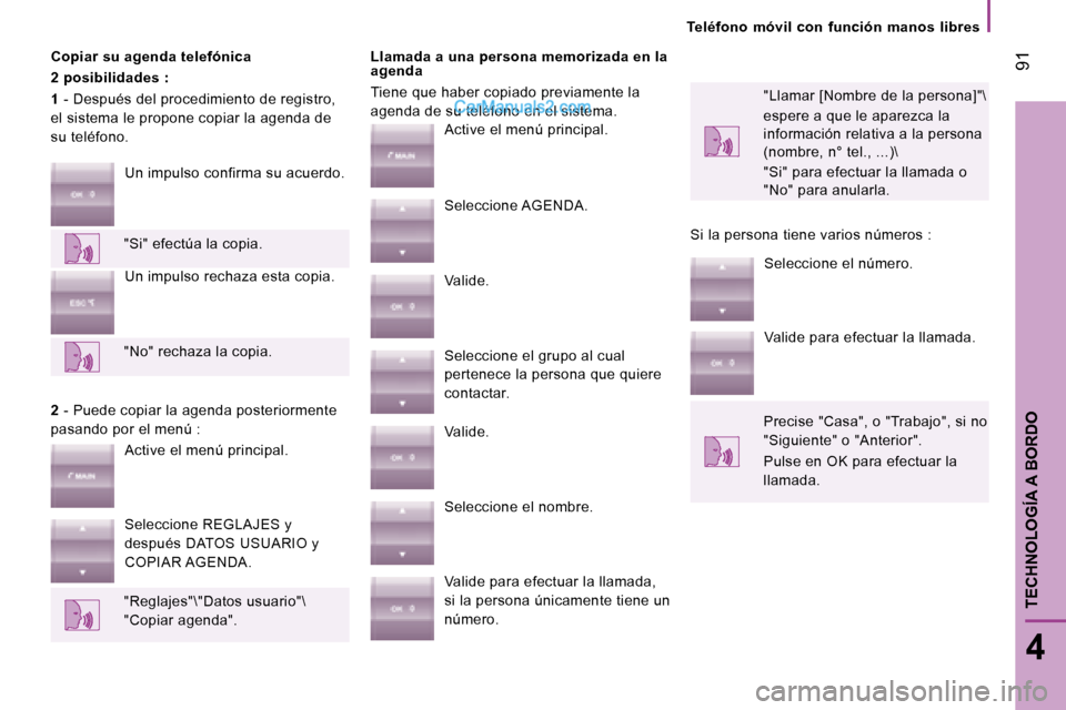 Peugeot Boxer 2008 Manual del propietario (in Spanish) 91
4
TECHNOLOGÍA A BORDO
Teléfono móvil con función manos libres
Copiar su agenda telefónica
2 posibilidades :
1 - Después del procedimiento de registro,
el sistema le propone copiar la Peugeot Boxer 2008 Manual del propietario (in Spanish) 91
4
TECHNOLOGÍA A BORDO
Teléfono móvil con función manos libres
Copiar su agenda telefónica
2 posibilidades :
1 - Después del procedimiento de registro,
el sistema le propone copiar la