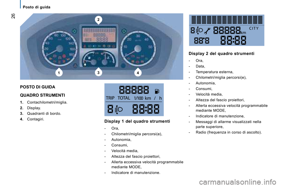 Peugeot Boxer 2008 Manuale del proprietario (in Italian) 2
134
26
Posto di guida
QUADRO STRUMENTI
1. Contachilometri/miglia.
2. Display.
3. Quadranti di bordo.
4. Contagiri.
POSTO DI GUIDA
Display 1 del quadro strumenti
- Ora,
- Chilometr Peugeot Boxer 2008 Manuale del proprietario (in Italian) 2
134
26
Posto di guida
QUADRO STRUMENTI
1. Contachilometri/miglia.
2. Display.
3. Quadranti di bordo.
4. Contagiri.
POSTO DI GUIDA
Display 1 del quadro strumenti
- Ora,
- Chilometr