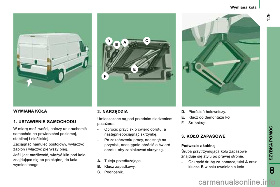 Peugeot Boxer 2008  Instrukcja Obsługi (in Polish) BA
�E
C�D
F
 129
SZYBKA POMOC
8
�W�y�m�i�a�n�a�  �k�o�ł�a
�1�.�  �U�S�T�A�W�I�E�N�I�E�  �S�A�M�O�C�H�O�D�U 
�W� �m�i�a�r� �m�oG�l�i�w�o;�c�i�,� �n�a�l�eG�y� �u�n�i�e�r�u�c�h�o�m�i�ć�  �s�a�m�o�