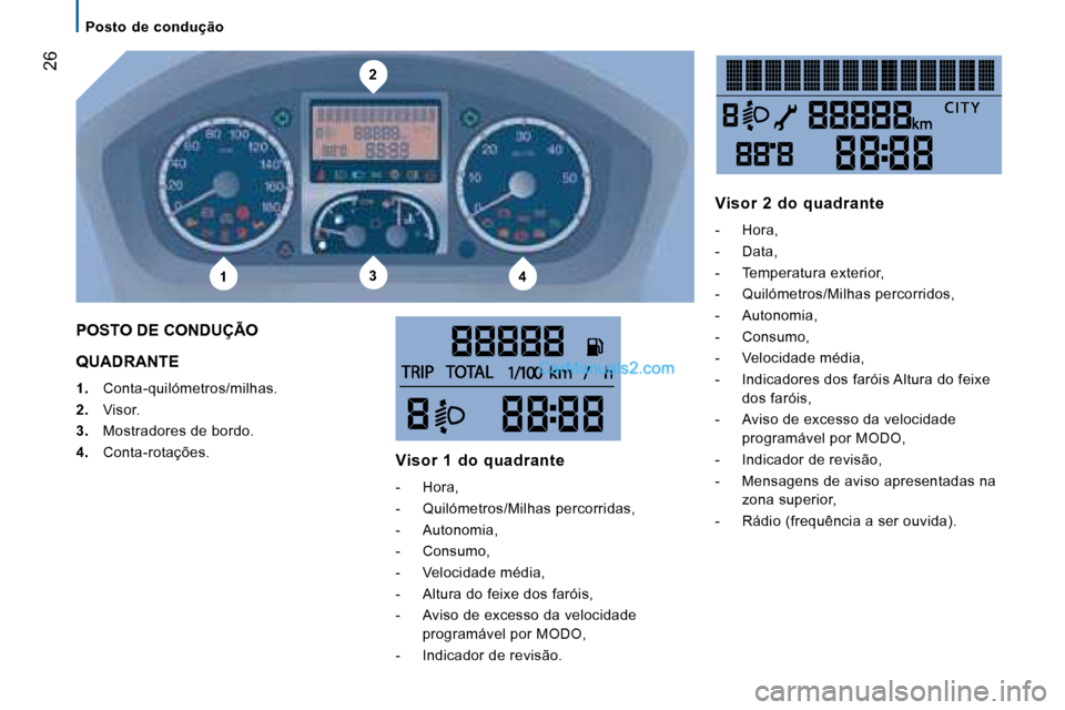 Peugeot Boxer 2008  Manual do proprietário (in Portuguese) 2
134
 26
Posto  de  condução
QUADRANTE
1.   Conta-quilómetros/milhas.
2.   Visor.
3.   Mostradores de bordo.
4.   Conta-rotações.
POSTO DE CONDUÇÃO
Visor  1  do  quadrante 
-  Hora, 
-  Quiló