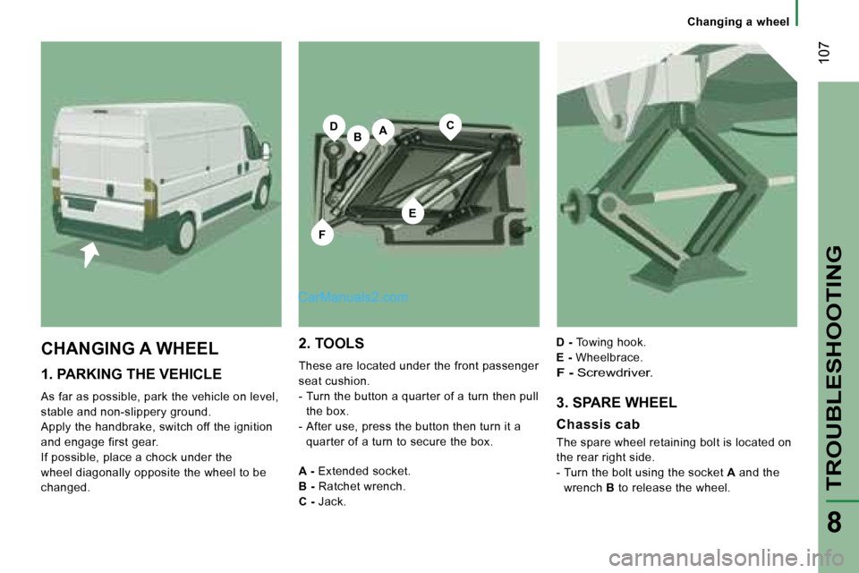Peugeot Boxer 2006.5  Owners Manual �B�A
�E
�C�D
�F
� �1�0�7
�T�R�O�U�B�L�E�S�H�O�O�T�I�N�G
�8
�1�.� �P�A�R�K�I�N�G� �T�H�E� �V�E�H�I�C�L�E
�A�s� �f�a�r� �a�s� �p�o�s�s�i�b�l�e�,� �p�a�r�k� �t�h�e� �v�e�h�i�c�l�e� �o�n� �l�e�v�e�l�,�  
