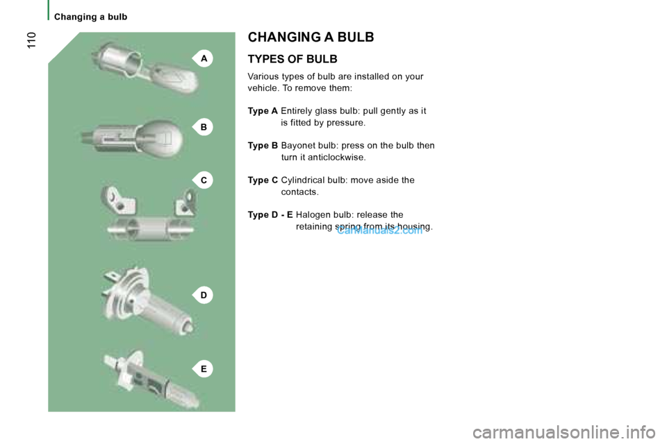 Peugeot Boxer 2006.5  Owners Manual �A
�B
�C
�D
�E
� �1�1�0
�C�h�a�n�g�i�n�g� �a� �b�u�l�b�T�Y�P�E�S� �O�F� �B�U�L�B 
�V�a�r�i�o�u�s� �t�y�p�e�s� �o�f� �b�u�l�b� �a�r�e� �i�n�s�t�a�l�l�e�d� �o�n� �y�o�u�r�  
�v�e�h�i�c�l�e�.� �T�o� �r�e