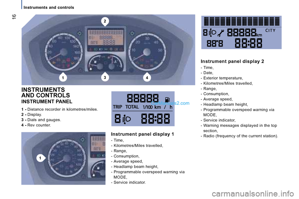 Peugeot Boxer 2006.5 User Guide �2
�1�3�4
�1
� �1�6
�I�N�S�T�R�U�M�E�N�T� �P�A�N�E�L 
�1� �- � �D�i�s�t�a�n�c�e� �r�e�c�o�r�d�e�r� �i�n� �k�i�l�o�m�e�t�r�e�s�/�m�i�l�e�s�.
�2� �-�  �D�i�s�p�l�a�y�.
�3� �-�  �D�i�a�l�s� �a�n�d� �g�a�