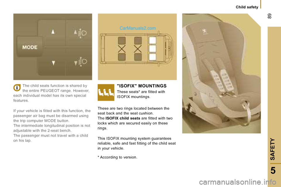 Peugeot Boxer 2006.5 Owners Manual � �8�9
�5
�S�A�F�E�T�Y
�C�h�i�l�d� �s�a�f�e�t�y
�T�h�e� �c�h�i�l�d� �s�e�a�t�s� �f�u�n�c�t�i�o�n� �i�s� �s�h�a�r�e�d� �b�y�  
�t�h�e� �e�n�t�i�r�e� �P�E�U�G�E�O�T� �r�a�n�g�e�.� �H�o�w�e�v�e�r�,� 
�e�