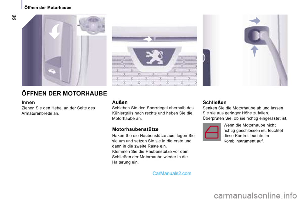 Peugeot Boxer 2006.5  Betriebsanleitung (in German) � �9�8
�Ö�f�f�n�e�n� �d�e�r� �M�o�t�o�r�h�a�u�b�e
�I�n�n�e�n 
�Z�i�e�h�e�n� �S�i�e� �d�e�n� �H�e�b�e�l� �a�n� �d�e�r� �S�e�i�t�e� �d�e�s� 
�A�r�m�a�t�u�r�e�n�b�r�e�t�t�s� �a�n�.�  �A�u�ß�e�n
�S�c�h�
