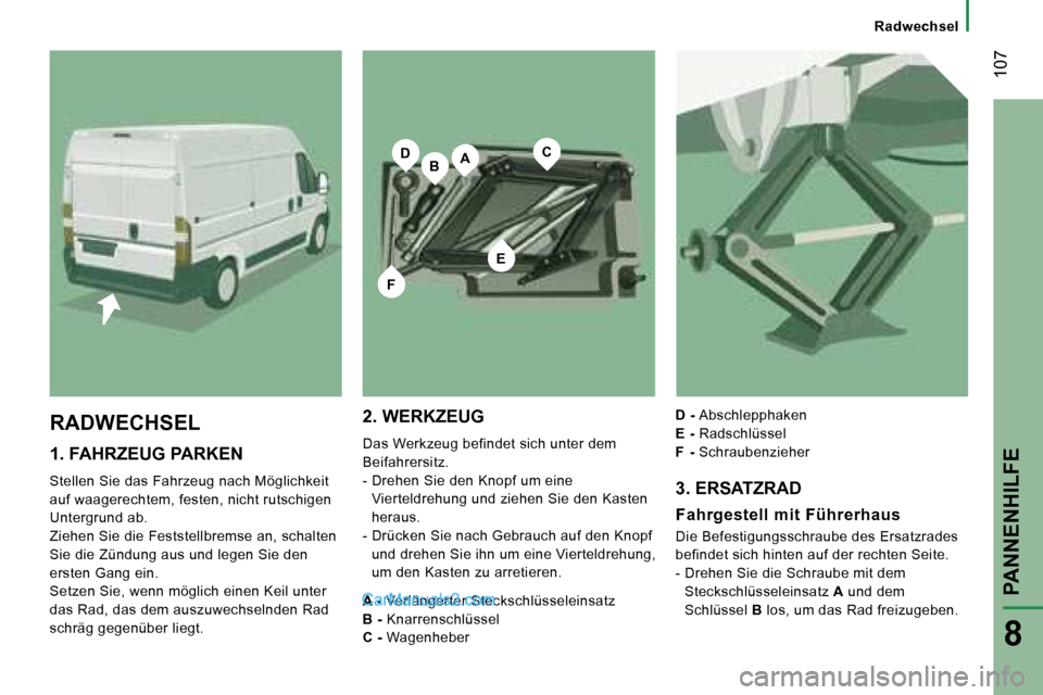 Peugeot Boxer 2006.5  Betriebsanleitung (in German) �B�A
�E
�C�D
�F
� �1�0�7
�8
�1�.� �F�A�H�R�Z�E�U�G� �P�A�R�K�E�N� 
�S�t�e�l�l�e�n� �S�i�e� �d�a�s� �F�a�h�r�z�e�u�g� �n�a�c�h� �M�ö�g�l�i�c�h�k�e�i�t�  
�a�u�f� �w�a�a�g�e�r�e�c�h�t�e�m�,� �f�e�s�t�e