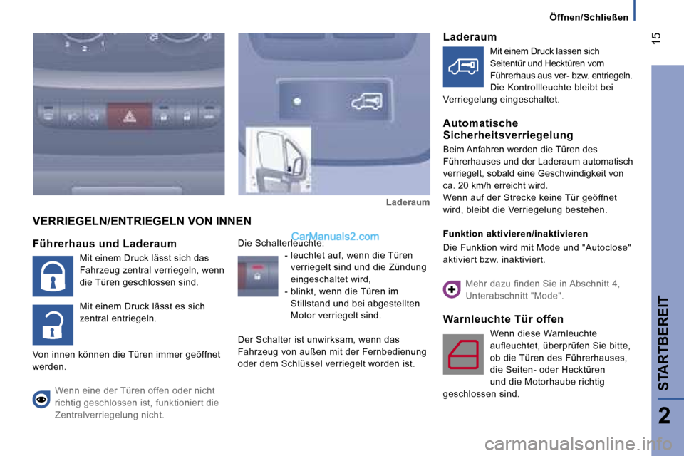 Peugeot Boxer 2006.5  Betriebsanleitung (in German) � �1�5
�2
�Ö�f�f�n�e�n�/�S�c�h�l�i�e�ß�e�n
�S�T�A�R�T�B�E�R�E�I�T
�F�ü�h�r�e�r�h�a�u�s� �u�n�d� �L�a�d�e�r�a�u�m
�M�i�t� �e�i�n�e�m� �D�r�u�c�k� �l�ä�s�s�t� �s�i�c�h� �d�a�s�  
�F�a�h�r�z�e�u�g� �
