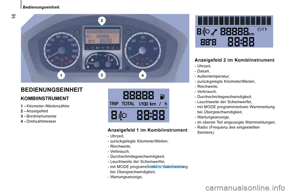Peugeot Boxer 2006.5  Betriebsanleitung (in German) �2
�1�3�4
� �1�6
�K�O�M�B�I�I�N�S�T�R�U�M�E�N�T�  
�1� �- � �K�i�l�o�m�e�t�e�r�-�/�M�e�i�l�e�n�z�ä�h�l�e�r� 
�2� �-�  �A�n�z�e�i�g�e�f�e�l�d� 
�3� �-�  �B�o�r�d�i�n�s�t�r�u�m�e�n�t�e� 
�4� �-�  �D�r�