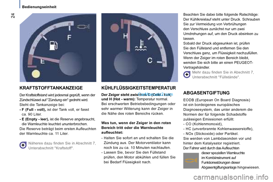 Peugeot Boxer 2006.5  Betriebsanleitung (in German) � �2�4
�B�e�d�i�e�n�u�n�g�s�e�i�n�h�e�i�t
�K�R�A�F�T�S�T�O�F�F�T�A�N�K�A�N�Z�E�I�G�E
�D�e�r� �K�r�a�f�t�s�t�o�f�f�s�t�a�n�d� �w�i�r�d� �j�e�d�e�s�m�a�l� �g�e�p�r�ü�f�t�,� �w�e�n�n� �d�e�r�  
�Z�ü�n�