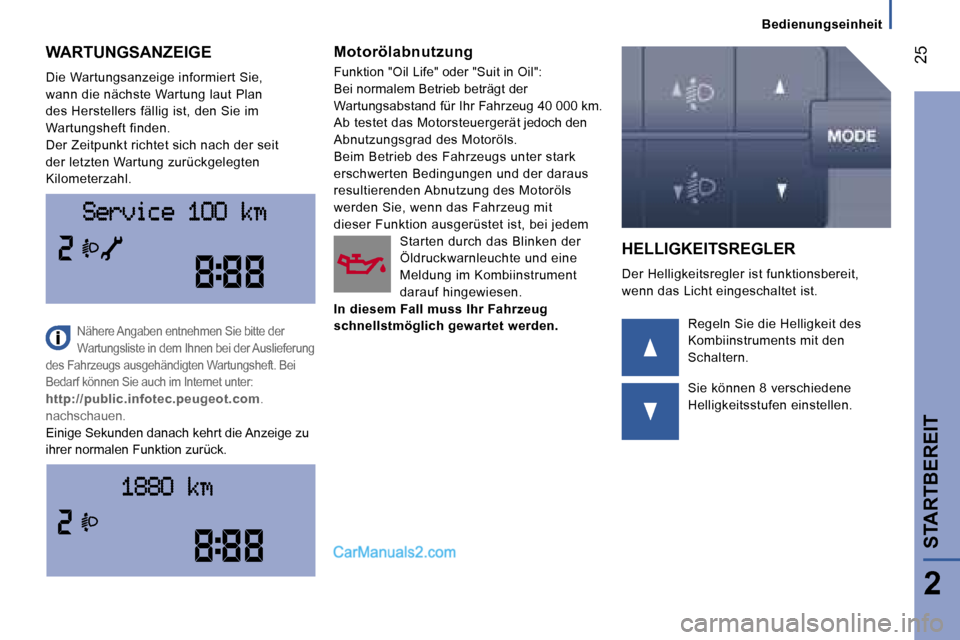 Peugeot Boxer 2006.5  Betriebsanleitung (in German) � �2�5
�B�e�d�i�e�n�u�n�g�s�e�i�n�h�e�i�t
�W�A�R�T�U�N�G�S�A�N�Z�E�I�G�E � 
�D�i�e� �W�a�r�t�u�n�g�s�a�n�z�e�i�g�e� �i�n�f�o�r�m�i�e�r�t� �S�i�e�,�  
�w�a�n�n� �d�i�e� �n�ä�c�h�s�t�e� �W�a�r�t�u�n�g�