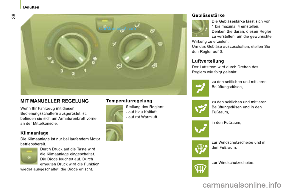 Peugeot Boxer 2006.5  Betriebsanleitung (in German) � �3�8
�B�e�l�ü�f�t�e�n
�M�I�T� �M�A�N�U�E�L�L�E�R� �R�E�G�E�L�U�N�G 
�W�e�n�n� �I�h�r� �F�a�h�r�z�e�u�g� �m�i�t� �d�i�e�s�e�n�  
�B�e�d�i�e�n�u�n�g�s�s�c�h�a�l�t�e�r�n� �a�u�s�g�e�r�ü�s�t�e�t� �i�s