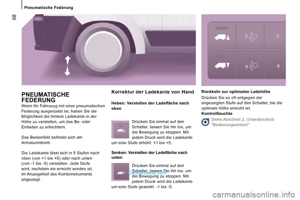 Peugeot Boxer 2006.5  Betriebsanleitung (in German) � �6�8
�P�n�e�u�m�a�t�i�s�c�h�e� �F�e�d�e�r�u�n�g
�P�N�E�U�M�A�T�I�S�C�H�E� �  
�F�E�D�E�R�U�N�G� 
�W�e�n�n� �I�h�r� �F�a�h�r�z�e�u�g� �m�i�t� �e�i�n�e�r� �p�n�e�u�m�a�t�i�s�c�h�e�n�  
�F�e�d�e�r�u�n�