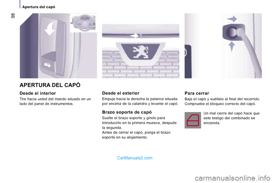 Peugeot Boxer 2006.5  Manual del propietario (in Spanish) � �9�8
�A�p�e�r�t�u�r�a� �d�e�l� �c�a�p�ó
�D�e�s�d�e� �e�l� �i�n�t�e�r�i�o�r 
�T�i�r�e� �h�a�c�i�a� �u�s�t�e�d� �d�e�l� �m�a�n�d�o� �s�i�t�u�a�d�o� �e�n� �u�n�  
�l�a�d�o� �d�e�l� �p�a�n�e�l� �d�e� �
