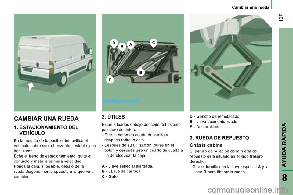 Peugeot Boxer 2006.5  Manual del propietario (in Spanish) �B�A
�E
�C�D
�F
� �1�0�7
�8
�1�.� � �E�S�T�A�C�I�O�N�A�M�I�E�N�T�O� �D�E�L� �V�E�H�Í�C�U�L�O
�E�n� �l�a� �m�e�d�i�d�a� �d�e� �l�o� �p�o�s�i�b�l�e�,� �i�n�m�o�v�i�l�i�c�e� �e�l�  
�v�e�h�í�c�u�l�o� �
