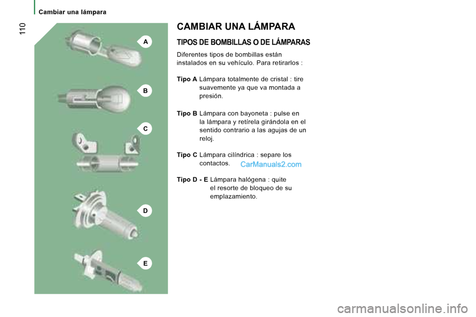 Peugeot Boxer 2006.5  Manual del propietario (in Spanish) �A
�B
�C
�D
�E
� �1�1�0
�C�a�m�b�i�a�r� �u�n�a� �l�á�m�p�a�r�a
�T�I�P�O�S� �D�E� �B�O�M�B�I�L�L�A�S� �O� �D�E� �L�Á�M�P�A�R�A�S
�D�i�f�e�r�e�n�t�e�s� �t�i�p�o�s� �d�e� �b�o�m�b�i�l�l�a�s� �e�s�t�á�