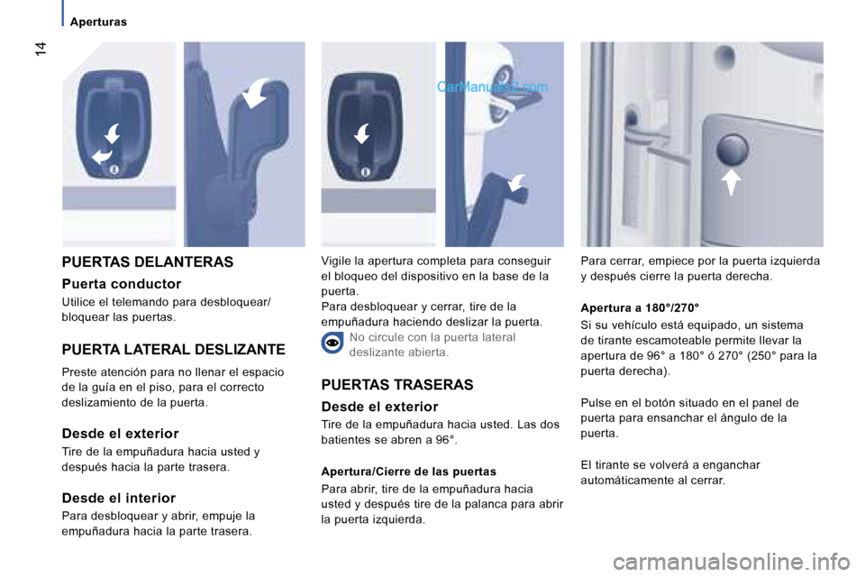 Peugeot Boxer 2006.5  Manual del propietario (in Spanish) � �1�4
�A�p�e�r�t�u�r�a�s
�P�U�E�R�T�A�S� �D�E�L�A�N�T�E�R�A�S
�P�u�e�r�t�a� �c�o�n�d�u�c�t�o�r
�U�t�i�l�i�c�e� �e�l� �t�e�l�e�m�a�n�d�o� �p�a�r�a� �d�e�s�b�l�o�q�u�e�a�r�/ 
�b�l�o�q�u�e�a�r� �l�a�s� 