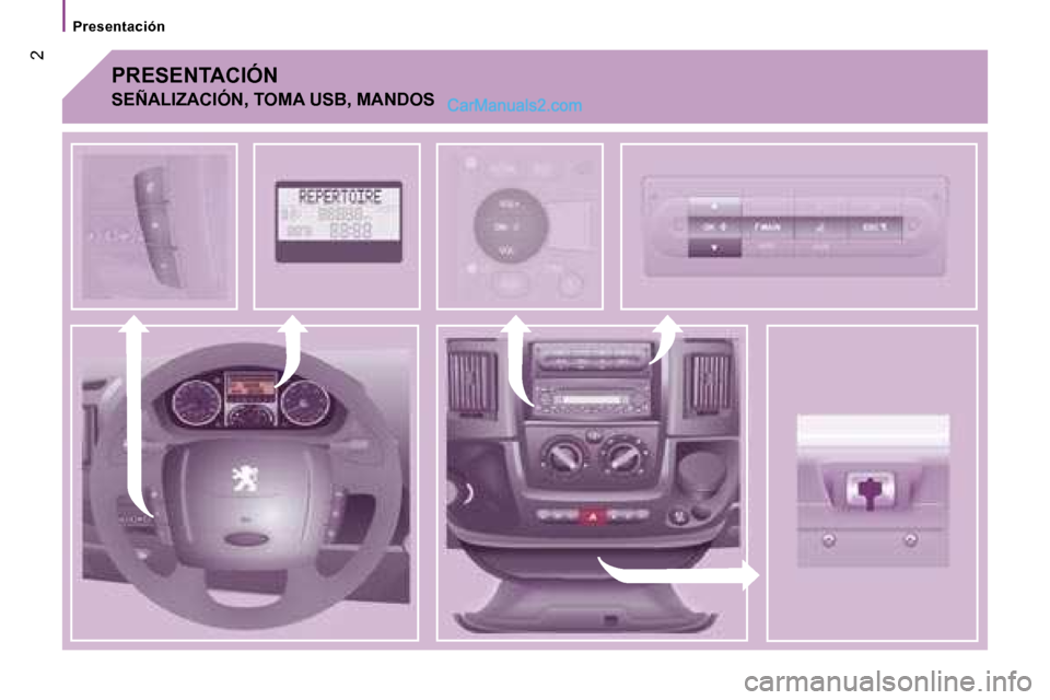 Peugeot Boxer 2006.5  Manual del propietario (in Spanish) � �2
�P�r�e�s�e�n�t�a�c�i�ó�n
�P�R�E�S�E�N�T�A�C�I�Ó�N
�S�E�Ñ�A�L�I�Z�A�C�I�Ó�N�,� �T�O�M�A� �U�S�B�,� �M�A�N�D�O�S   