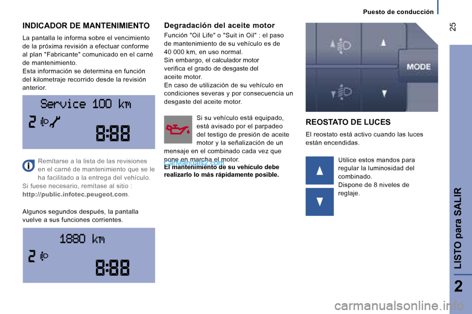 Peugeot Boxer 2006.5  Manual del propietario (in Spanish) � �2�5
�P�u�e�s�t�o� �d�e� �c�o�n�d�u�c�c�i�ó�n
�I�N�D�I�C�A�D�O�R� �D�E� �M�A�N�T�E�N�I�M�I�E�N�T�O 
�L�a� �p�a�n�t�a�l�l�a� �l�e� �i�n�f�o�r�m�a� �s�o�b�r�e� �e�l� �v�e�n�c�i�m�i�e�n�t�o�  
�d�e� �