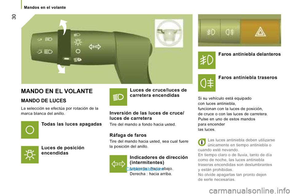 Peugeot Boxer 2006.5  Manual del propietario (in Spanish) � �3�0
�M�A�N�D�O� �D�E� �L�U�C�E�S
�L�a� �s�e�l�e�c�c�i�ó�n� �s�e� �e�f�e�c�t�ú�a� �p�o�r� �r�o�t�a�c�i�ó�n� �d�e� �l�a�  
�m�a�r�c�a� �b�l�a�n�c�a� �d�e�l� �a�n�i�l�l�o�.
�T�o�d�a�s� �l�a�s� �l�u