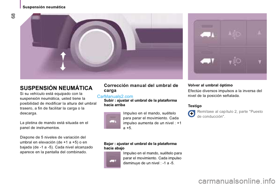 Peugeot Boxer 2006.5  Manual del propietario (in Spanish) � �6�8
�S�u�s�p�e�n�s�i�ó�n� �n�e�u�m�á�t�i�c�a
�S�U�S�P�E�N�S�I�Ó�N� �N�E�U�M�Á�T�I�C�A
�S�i� �s�u� �v�e�h�í�c�u�l�o� �e�s�t�á� �e�q�u�i�p�a�d�o� �c�o�n� �l�a�  
�s�u�s�p�e�n�s�i�ó�n� �n�e�u�m
