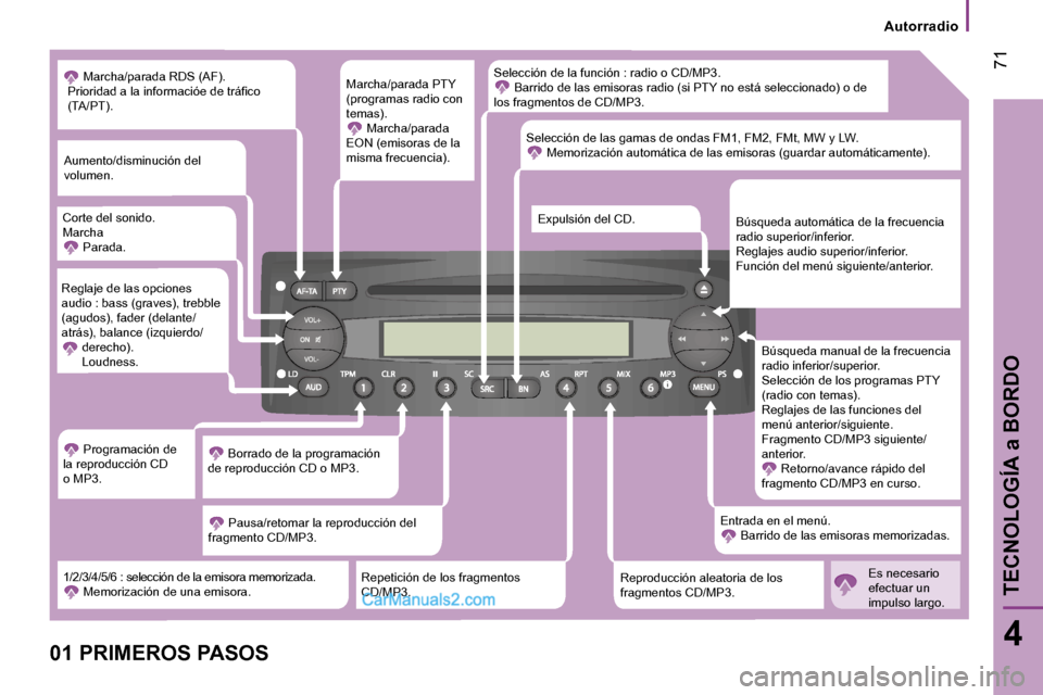 Peugeot Boxer 2006.5  Manual del propietario (in Spanish) � �7�1
�4
�A�u�t�o�r�r�a�d�i�o
�0�1� �P�R�I�M�E�R�O�S� �P�A�S�O�S �S�e�l�e�c�c�i�ó�n� �d�e� �l�a� �f�u�n�c�i�ó�n� �:� �r�a�d�i�o� �o� �C�D�/�M�P�3�.
�B�a�r�r�i�d�o� �d�e� �l�a�s� �e�m�i�s�o�r�a�s� �