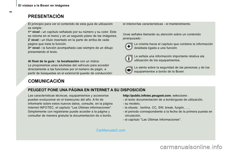 Peugeot Boxer 2006  Manual del propietario (in Spanish) � �4
�P�R�E�S�E�N�T�A�C�I�Ó�N 
�E�l� �p�r�i�n�c�i�p�i�o� �p�a�r�a� �v�e�r� �e�l� �c�o�n�t�e�n�i�d�o� �d�e� �e�s�t�a� �g�u�í�a� �d�e� �u�t�i�l�i�z�a�c�i�ó�n� � 
�e�s� �s�i�m�p�l�e� �: 
�1
�e�r� �n�i