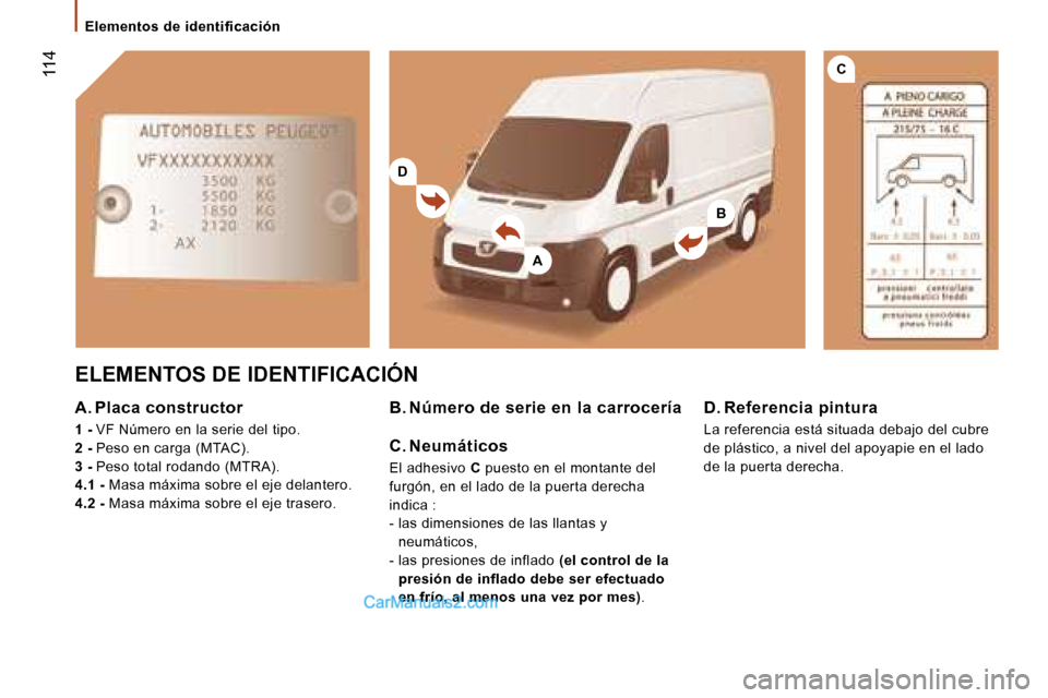 Peugeot Boxer 2006  Manual del propietario (in Spanish) �D
�B
�A
�C� �1�1�4
�E�l�e�m�e�n�t�o�s� �d�e� �i�d�e�n�t�i�f�i�c�a�c�i�ó�n
�E�L�E�M�E�N�T�O�S� �D�E� �I�D�E�N�T�I�F�I�C�A�C�I�Ó�N
�A�.� �P�l�a�c�a� �c�o�n�s�t�r�u�c�t�o�r�  
�1� �-� �V�F� �N�ú�m�e�