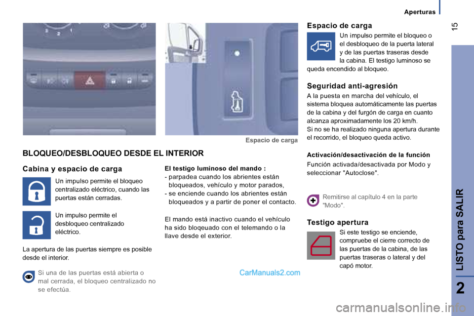 Peugeot Boxer 2006  Manual del propietario (in Spanish) � �1�5
�A�p�e�r�t�u�r�a�s
�C�a�b�i�n�a� �y� �e�s�p�a�c�i�o� �d�e� �c�a�r�g�a �U�n� �i�m�p�u�l�s�o� �p�e�r�m�i�t�e� �e�l� �b�l�o�q�u�e�o�  
�c�e�n�t�r�a�l�i�z�a�d�o� �e�l�é�c�t�r�i�c�o�,� �c�u�a�n�d�o