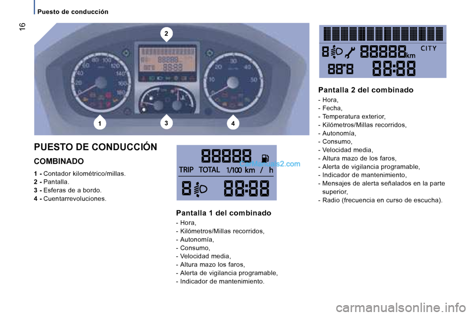 Peugeot Boxer 2006  Manual del propietario (in Spanish) �2
�1�3�4
� �1�6
�C�O�M�B�I�N�A�D�O 
�1� �- � �C�o�n�t�a�d�o�r� �k�i�l�o�m�é�t�r�i�c�o�/�m�i�l�l�a�s�.
�2� �-�  �P�a�n�t�a�l�l�a�.
�3� �-�  �E�s�f�e�r�a�s� �d�e� �a� �b�o�r�d�o�.
�4� �-�  �C�u�e�n�t�