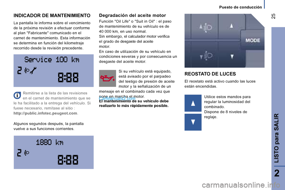 Peugeot Boxer 2006  Manual del propietario (in Spanish) � �2�5
�2
�L�I�S�T�O� �p�a�r�a� �S�A�L�I�R
�P�u�e�s�t�o� �d�e� �c�o�n�d�u�c�c�i�ó�n
�I�N�D�I�C�A�D�O�R� �D�E� �M�A�N�T�E�N�I�M�I�E�N�T�O 
�L�a� �p�a�n�t�a�l�l�a� �l�e� �i�n�f�o�r�m�a� �s�o�b�r�e� �e�