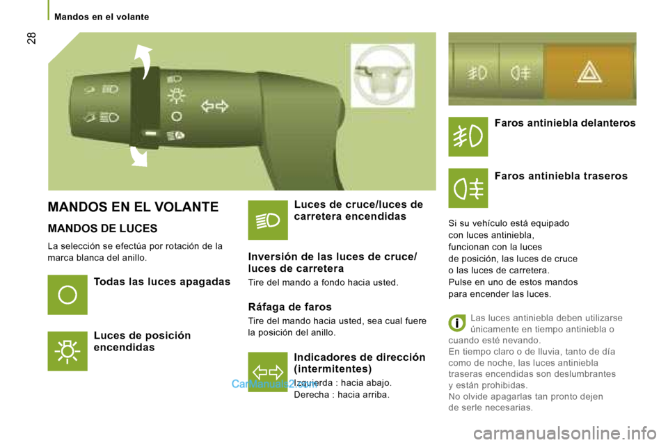 Peugeot Boxer 2006  Manual del propietario (in Spanish) � �2�8
�M�A�N�D�O�S� �D�E� �L�U�C�E�S
�L�a� �s�e�l�e�c�c�i�ó�n� �s�e� �e�f�e�c�t�ú�a� �p�o�r� �r�o�t�a�c�i�ó�n� �d�e� �l�a�  
�m�a�r�c�a� �b�l�a�n�c�a� �d�e�l� �a�n�i�l�l�o�.
�T�o�d�a�s� �l�a�s� �l