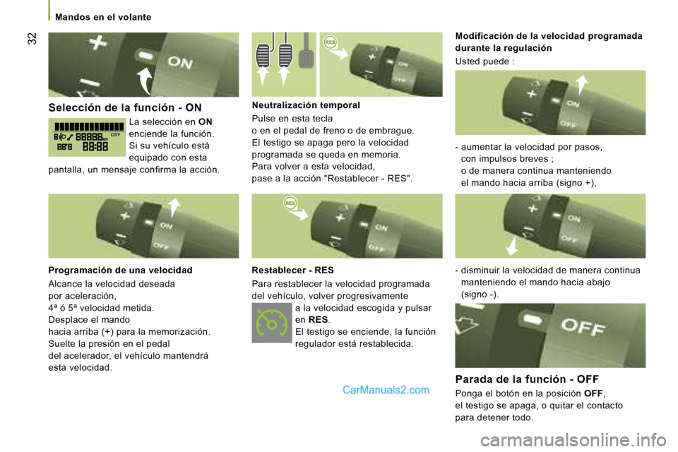 Peugeot Boxer 2006  Manual del propietario (in Spanish) � �3�2
�S�e�l�e�c�c�i�ó�n� �d�e� �l�a� �f�u�n�c�i�ó�n� �-� �O�N
�L�a� �s�e�l�e�c�c�i�ó�n� �e�n�  �O�N� 
�e�n�c�i�e�n�d�e� �l�a� �f�u�n�c�i�ó�n�. 
�S�i� �s�u� �v�e�h�í�c�u�l�o� �e�s�t�á� 
�e�q�u�