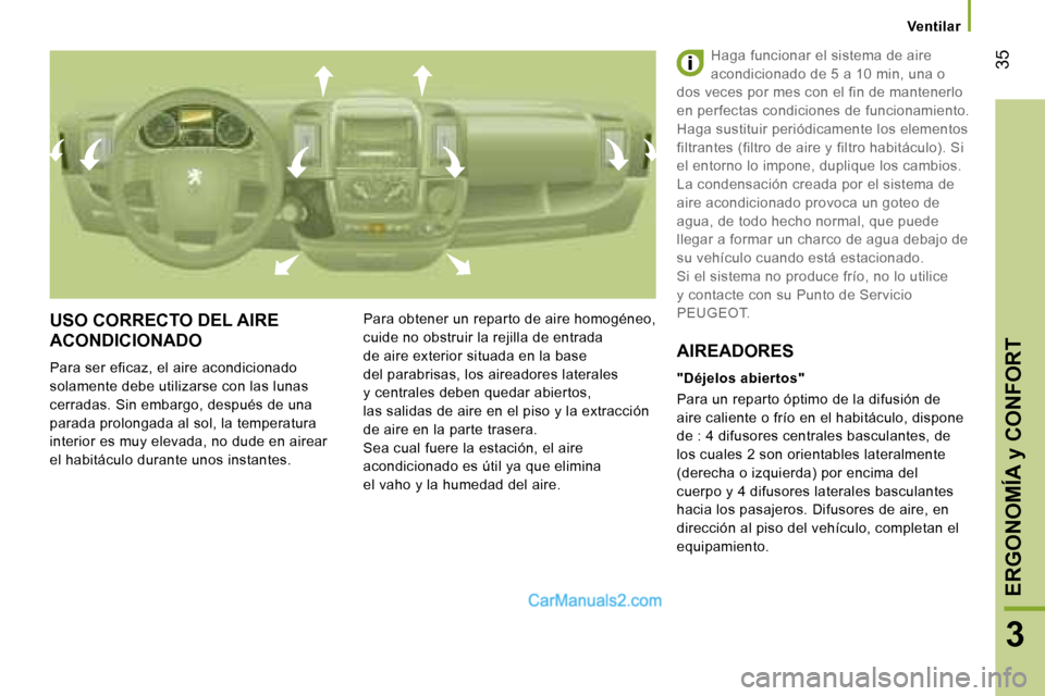 Peugeot Boxer 2006  Manual del propietario (in Spanish) � �3�5
�3
�V�e�n�t�i�l�a�r
�U�S�O� �C�O�R�R�E�C�T�O� �D�E�L� �A�I�R�E�  
�A�C�O�N�D�I�C�I�O�N�A�D�O
�P�a�r�a� �s�e�r� �e�f�i�c�a�z�,� �e�l� �a�i�r�e� �a�c�o�n�d�i�c�i�o�n�a�d�o�  
�s�o�l�a�m�e�n�t�e� 