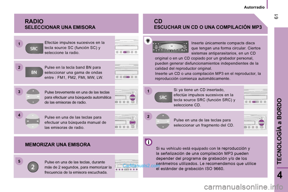 Peugeot Boxer 2006  Manual del propietario (in Spanish) �1 
�2 
�3 
�4 
�5�2
�1
� �6�1
�4
�A�u�t�o�r�r�a�d�i�o
�C�D
�E�S�C�U�C�H�A�R� �U�N� �C�D� �O� �U�N�A� �C�O�M�P�I�L�A�C�I�Ó�N� �M�P�3
�M�E�M�O�R�I�Z�A�R� �U�N�A� �E�M�I�S�O�R�A
�R�A�D�I�O
�S�E�L�E�C�C