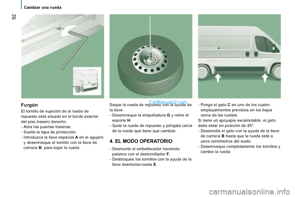 Peugeot Boxer 2006  Manual del propietario (in Spanish) � �9�2
�F�u�r�g�ó�n
�E�l� �t�o�r�n�i�l�l�o� �d�e� �s�u�j�e�c�i�ó�n� �d�e� �l�a� �r�u�e�d�a� �d�e�  
�r�e�p�u�e�s�t�o� �e�s�t�á� �s�i�t�u�a�d�o� �e�n� �e�l� �b�o�r�d�e� �e�x�t�e�r�i�o�r� 
�d�e�l� �p