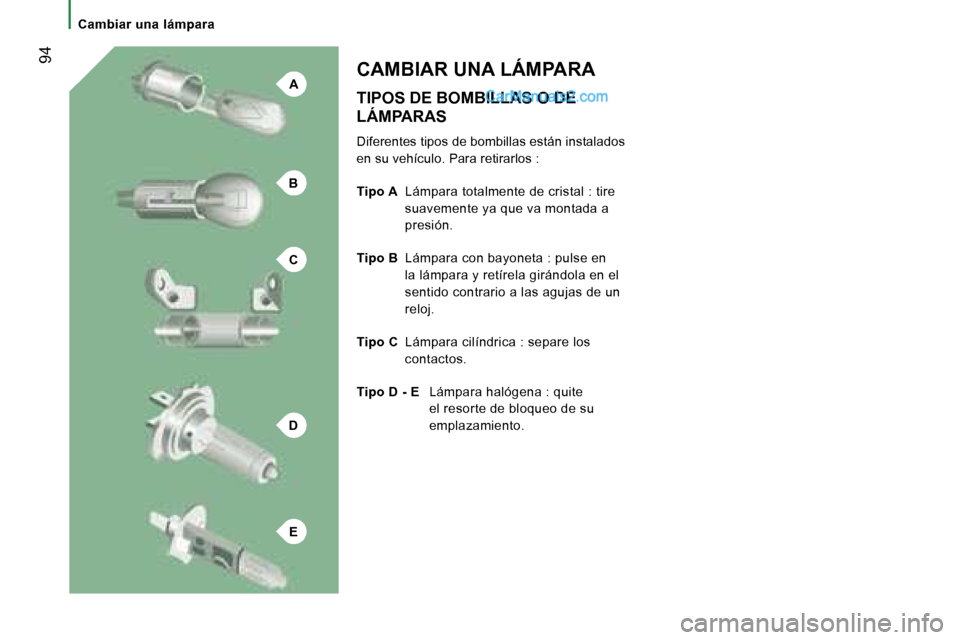 Peugeot Boxer 2006  Manual del propietario (in Spanish) �A
�B
�C
�D
�E
� �9�4
�C�a�m�b�i�a�r� �u�n�a� �l�á�m�p�a�r�a�T�I�P�O�S� �D�E� �B�O�M�B�I�L�L�A�S� �O� �D�E�  
�L�Á�M�P�A�R�A�S 
�D�i�f�e�r�e�n�t�e�s� �t�i�p�o�s� �d�e� �b�o�m�b�i�l�l�a�s� �e�s�t�á�