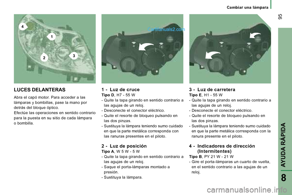 Peugeot Boxer 2006  Manual del propietario (in Spanish) �4
�2
�1
�3
� �9�5
�A�Y�U�D�A� �R�Á�P�I�D�A
�8
�C�a�m�b�i�a�r� �u�n�a� �l�á�m�p�a�r�a
�L�U�C�E�S� �D�E�L�A�N�T�E�R�A�S
�A�b�r�a� �e�l� �c�a�p�ó� �m�o�t�o�r�.� �P�a�r�a� �a�c�c�e�d�e�r� �a� �l�a�s� 