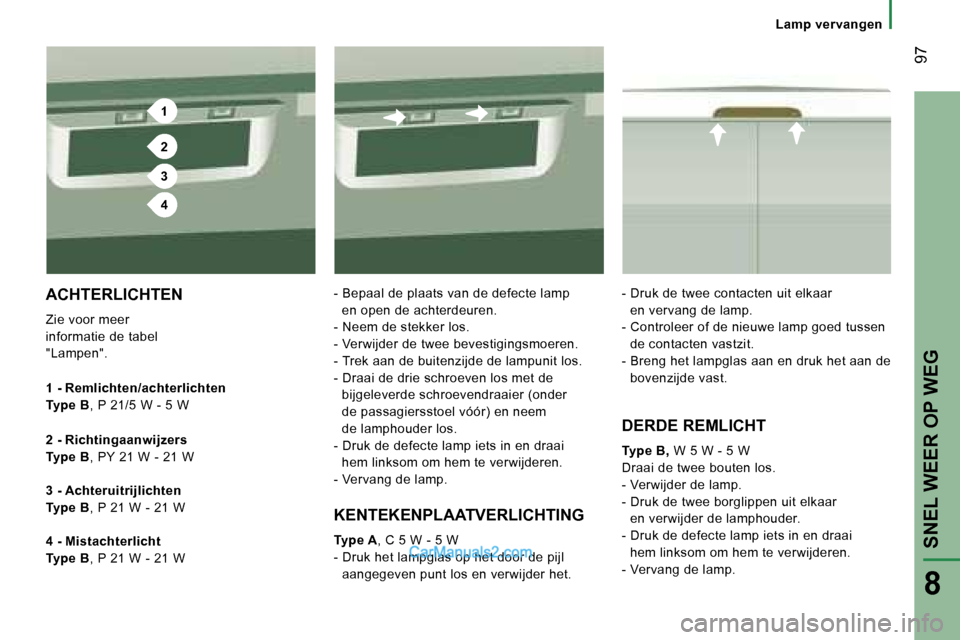 Peugeot Boxer 2006  Handleiding (in Dutch) �1
�2
�3
�4
� �9�7
�L�a�m�p� �v�e�r�v�a�n�g�e�n
�A�C�H�T�E�R�L�I�C�H�T�E�N
�Z�i�e� �v�o�o�r� �m�e�e�r� 
�i�n�f�o�r�m�a�t�i�e� �d�e� �t�a�b�e�l � 
�"�L�a�m�p�e�n�"�. 
�1� �-� �R�e�m�l�i�c�h�t�e�n�/�a�c