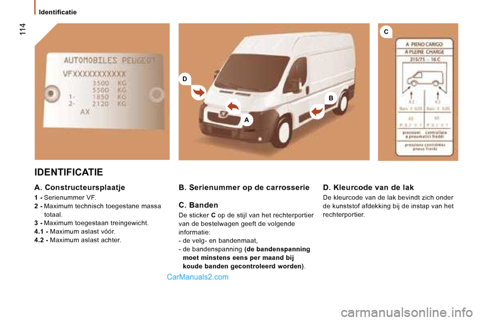 Peugeot Boxer 2006  Handleiding (in Dutch) �D
�B
�A
�C� �1�1�4
�I�d�e�n�t�i�f�i�c�a�t�i�e
�I�D�E�N�T�I�F�I�C�A�T�I�E
�A�.� �C�o�n�s�t�r�u�c�t�e�u�r�s�p�l�a�a�t�j�e 
�1� �-� �S�e�r�i�e�n�u�m�m�e�r� �V�F�.
�2� �- � � �M�a�x�i�m�u�m� �t�e�c�h�n�i