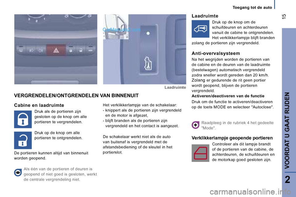 Peugeot Boxer 2006  Handleiding (in Dutch) � �1�5
�T�o�e�g�a�n�g� �t�o�t� �d�e� �a�u�t�o
�C�a�b�i�n�e� �e�n� �l�a�a�d�r�u�i�m�t�e �D�r�u�k� �a�l�s� �d�e� �p�o�r�t�i�e�r�e�n� �z�i�j�n�  
�g�e�s�l�o�t�e�n� �o�p� �d�e� �k�n�o�p� �o�m� �a�l�l�e� 
