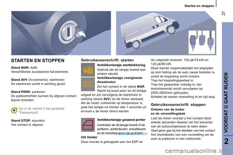 Peugeot Boxer 2006  Handleiding (in Dutch) � �2�7
�S�t�a�r�t�e�n� �e�n� �s�t�o�p�p�e�n
�S�t�a�n�d � �M�A�R�: � �A�A�N�.
�V�e�r�s�c�h�i�l�l�e�n�d�e� �a�c�c�e�s�s�o�i�r�e�s� �f�u�n�c�t�i�o�n�e�r�e�n�. 
�S�t�a�n�d� �A�V�V�  �(�A�v�v�i�e�m�e�n�t�o