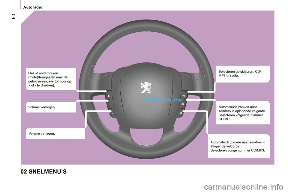 Peugeot Boxer 2006  Handleiding (in Dutch) � �6�0
�A�u�t�o�r�a�d�i�o
�0�2� �S�N�E�L�M�E�N�U�’�S �S�e�l�e�c�t�e�r�e�n� �g�e�l�u�i�d�s�b�r�o�n�:� �C�D�/ 
�M�P�3� �o�f� �r�a�d�i�o�.
�A�u�t�o�m�a�t�i�s�c�h� �z�o�e�k�e�n� �n�a�a�r� 
�z�e�n�d�e�r�