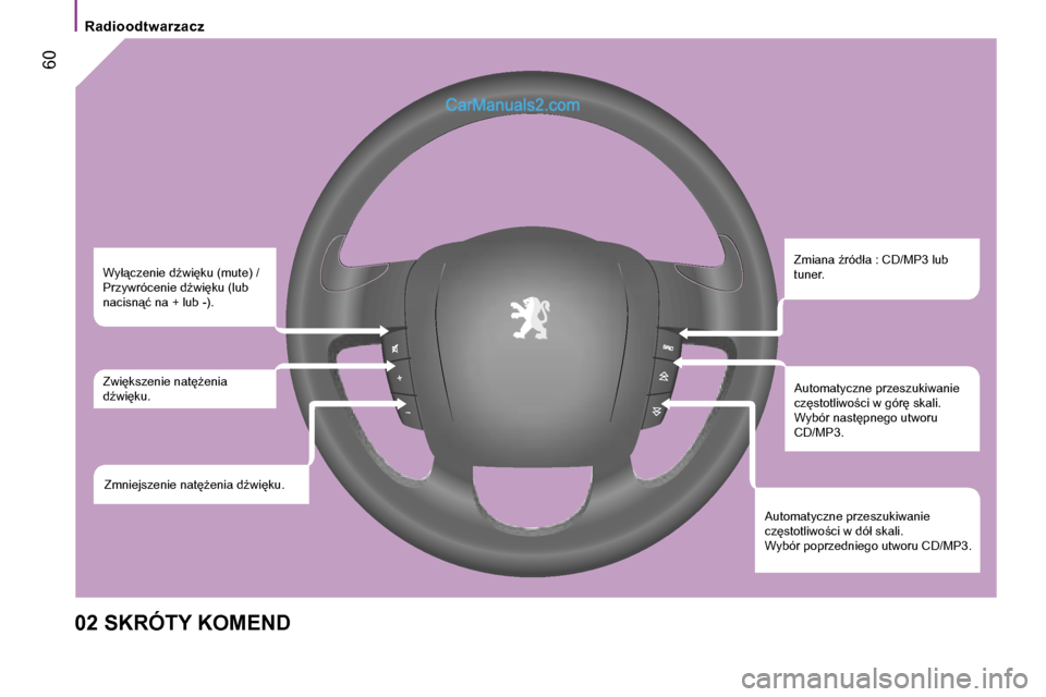 Peugeot Boxer 2006  Instrukcja Obsługi (in Polish) � �6�0
�R�a�d�i�o�o�d�t�w�a�r�z�a�c�z
�0�2� �S�K�R�Ó�T�Y� �K�O�M�E�N�D �Z�m�i�a�n�a� E�r�ó�d�ł�a� �:� �C�D�/�M�P�3� �l�u�b�  
�t�u�n�e�r�.
�A�u�t�o�m�a�t�y�c�z�n�e� �p�r�z�e�s�z�u�k�i�w�a�n�i�e� 
