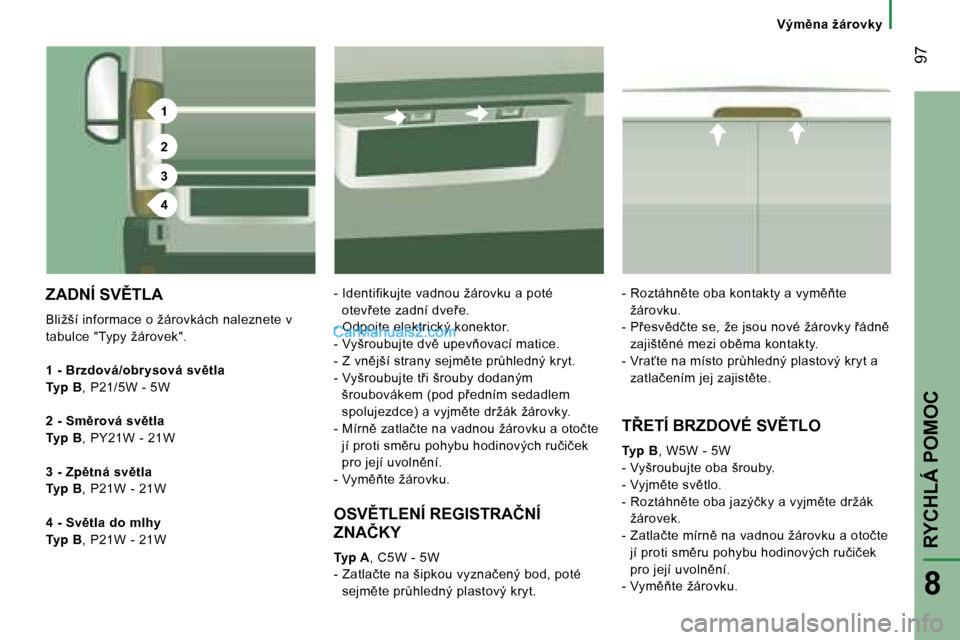 Peugeot Boxer 2006  Návod k obsluze (in Czech) �1
�2
�3
�4
� �9�7
�V�ý�m)�n�a� �ž�á�r�o�v�k�y
�Z�A�D�N�Í� �S�V(�T�L�A
�B�l�i�ž�š�í� �i�n�f�o�r�m�a�c�e� �o� �ž�á�r�o�v�k�á�c�h� �n�a�l�e�z�n�e�t�e� �v�  
�t�a�b�u�l�c�e� �"�T�y�p�y� �ž�