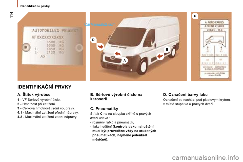 Peugeot Boxer 2006  Návod k obsluze (in Czech) �D
�B
�A
�C� �1�1�4
�I�d�e�n�t�i�f�i�k�a�č�n�í� �p�r�v�k�y
�I�D�E�N�T�I�F�I�K�A�Č�N�Í� �P�R�V�K�Y
�A�.� �Š�t�í�t�e�k� �v�ý�r�o�b�c�e 
�1� �-� �V�F� �S�é�r�i�o�v�é� �v�ý�r�o�b�n�í� �č�í�s�