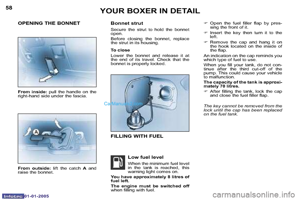 Peugeot Boxer 2005  Owners Manual �5�8
�0�1�-�0�1�-�2�0�0�5
�5�9
�0�1�-�0�1�-�2�0�0�5
�F�  �O�p�e�n�  �t�h�e�  �f�u�e�l�  �i�l�l�e�r�  �l�a�p�  �b�y�  �p�r�e�s�-
�s�i�n�g� �t�h�e� �f�r�o�n�t� �o�f� �i�t�.
�F �  �I�n�s�e�r�t�  �t�h�e� 