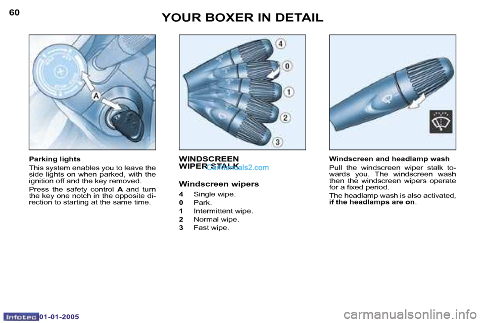 Peugeot Boxer 2005  Owners Manual �6�0
�0�1�-�0�1�-�2�0�0�5
�6�1
�0�1�-�0�1�-�2�0�0�5
�W�I�N�D�S�C�R�E�E�N 
�W�I�P�E�R� �S�T�A�L�K
�W�i�n�d�s�c�r�e�e�n� �w�i�p�e�r�s
�4� �S�i�n�g�l�e� �w�i�p�e�.
�0�  �P�a�r�k�.
�1� �  �I�n�t�e�r�m�i�t