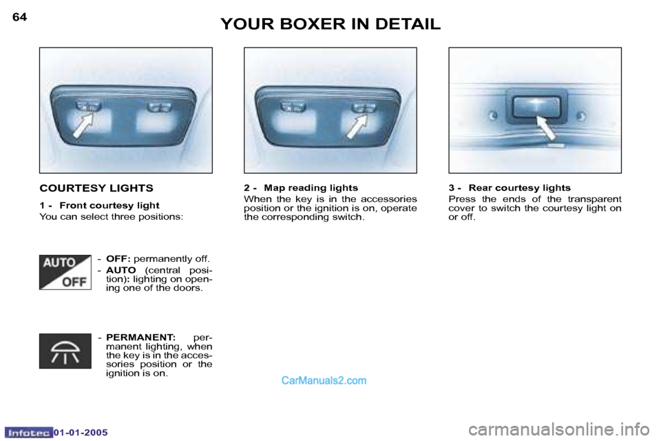 Peugeot Boxer 2005  Owners Manual �6�4
�0�1�-�0�1�-�2�0�0�5
�6�5
�0�1�-�0�1�-�2�0�0�5
�C�O�U�R�T�E�S�Y� �L�I�G�H�T�S
�1� �-�  �F�r�o�n�t� �c�o�u�r�t�e�s�y� �l�i�g�h�t 
�Y�o�u� �c�a�n� �s�e�l�e�c�t� �t�h�r�e�e� �p�o�s�i�t�i�o�n�s�:�2� 