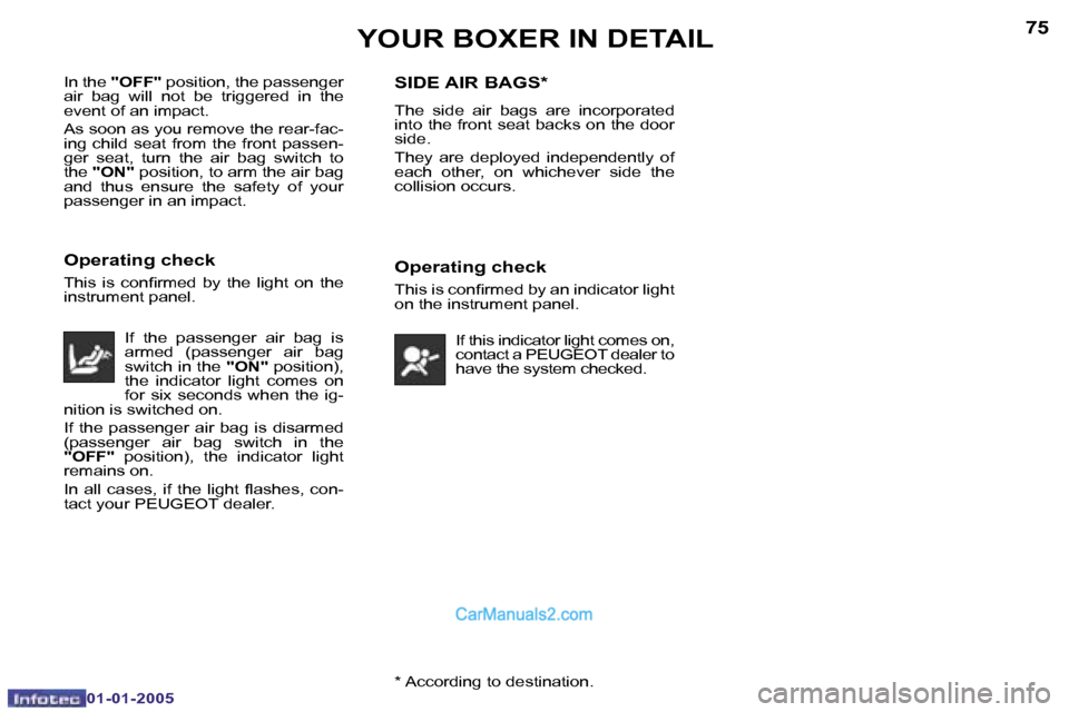 Peugeot Boxer 2005  Owners Manual �7�4
�0�1�-�0�1�-�2�0�0�5
�7�5
�0�1�-�0�1�-�2�0�0�5�*� �A�c�c�o�r�d�i�n�g� �t�o� �d�e�s�t�i�n�a�t�i�o�n�.
�I�n� �t�h�e� 
�"�O�F�F�" � �p�o�s�i�t�i�o�n�,� �t�h�e� �p�a�s�s�e�n�g�e�r� 
�a�i�r�  �b�a�g� 