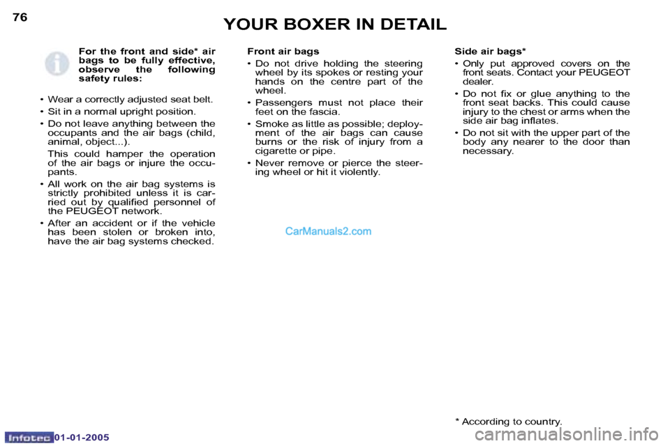 Peugeot Boxer 2005  Owners Manual �7�6
�0�1�-�0�1�-�2�0�0�5
�F�o�r�  �t�h�e�  �f�r�o�n�t�  �a�n�d�  �s�i�d�e�*�  �a�i�r�  
�b�a�g�s�  �t�o�  �b�e�  �f�u�l�l�y�  �e�f�f�e�c�t�i�v�e�,� 
�o�b�s�e�r�v�e�  �t�h�e�  �f�o�l�l�o�w�i�n�g� 
�s�